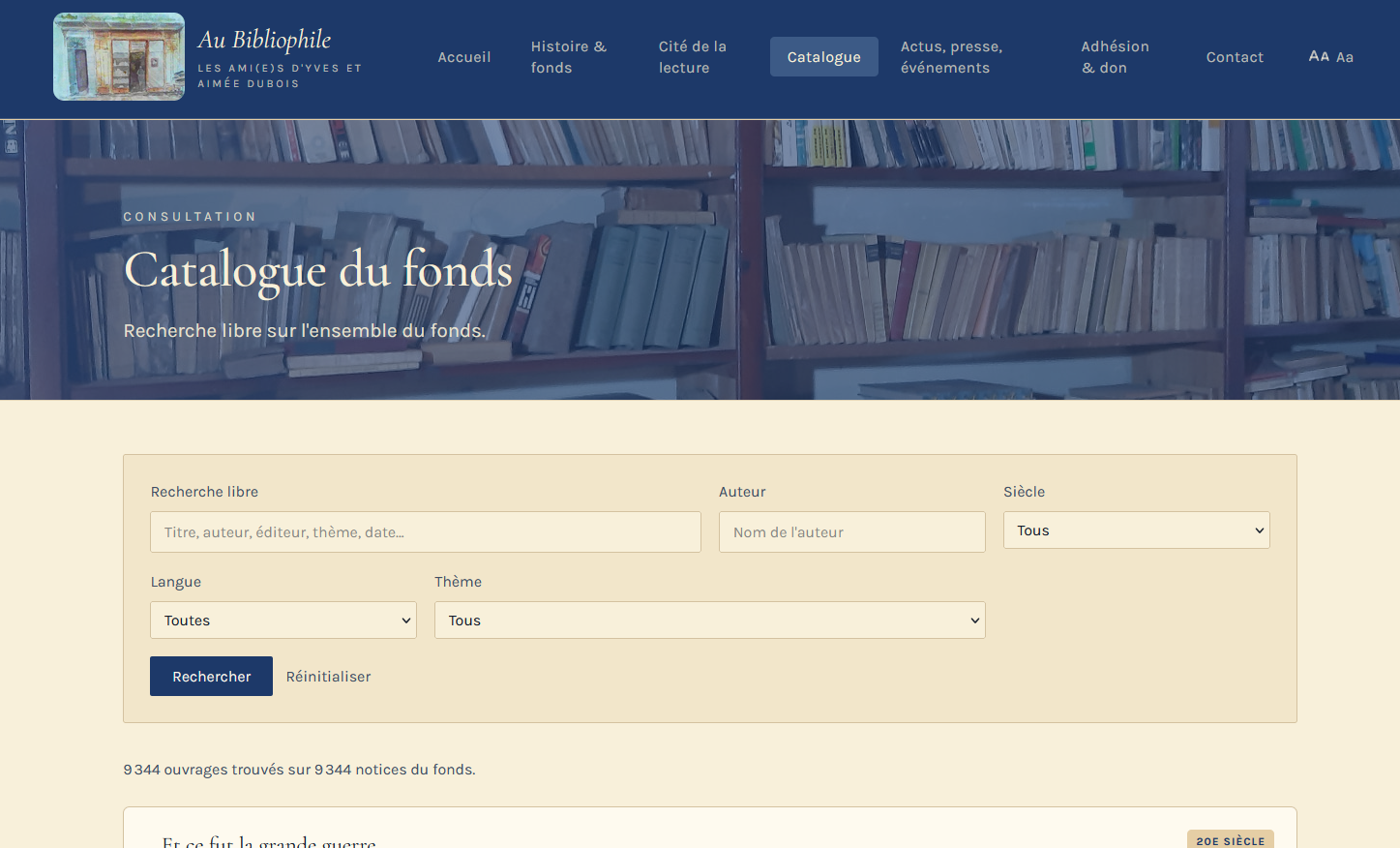 Catalogue du fonds Au Bibliophile : recherche libre et filtres sur 9 344 notices